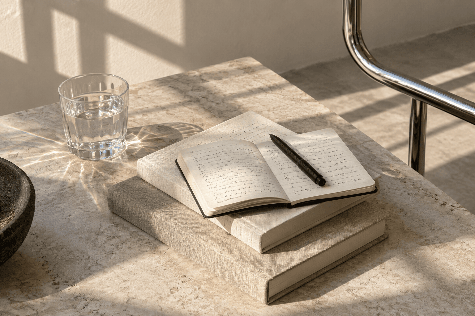An open handwritten notebook resting on two clothbound books beside a glass of water